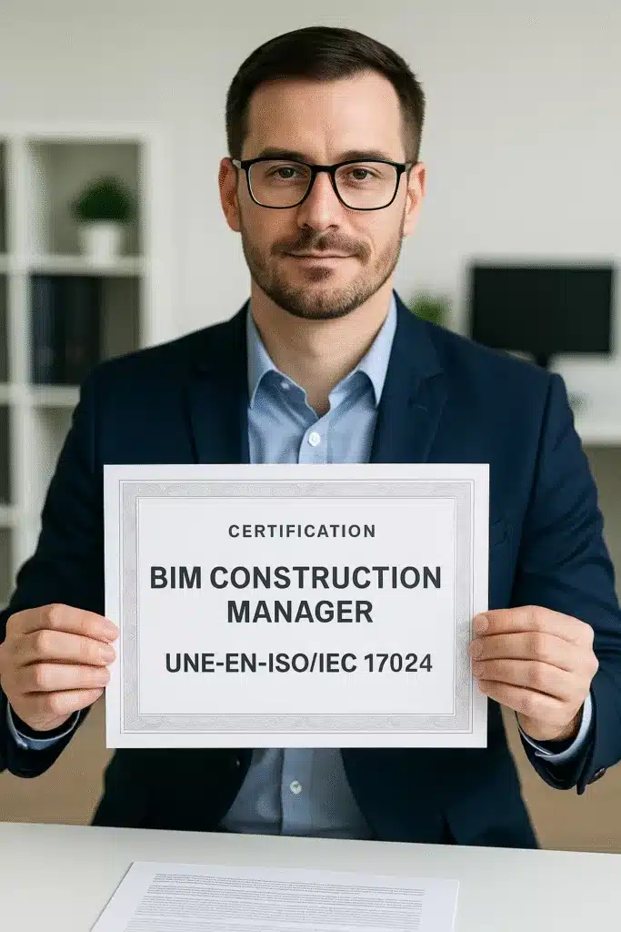 BIM Construction Manager supervisando modelo digital en obra
