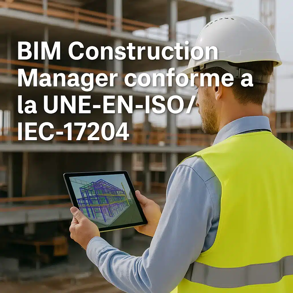BIM Construction Manager supervisando modelo digital en obra