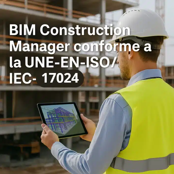 BIM Construction Manager supervisando modelo digital en obra