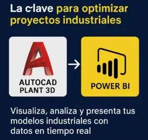 Infografía que representa la integración entre AutoCAD Plant 3D y Power BI para proyectos industriales con datos en tiempo real