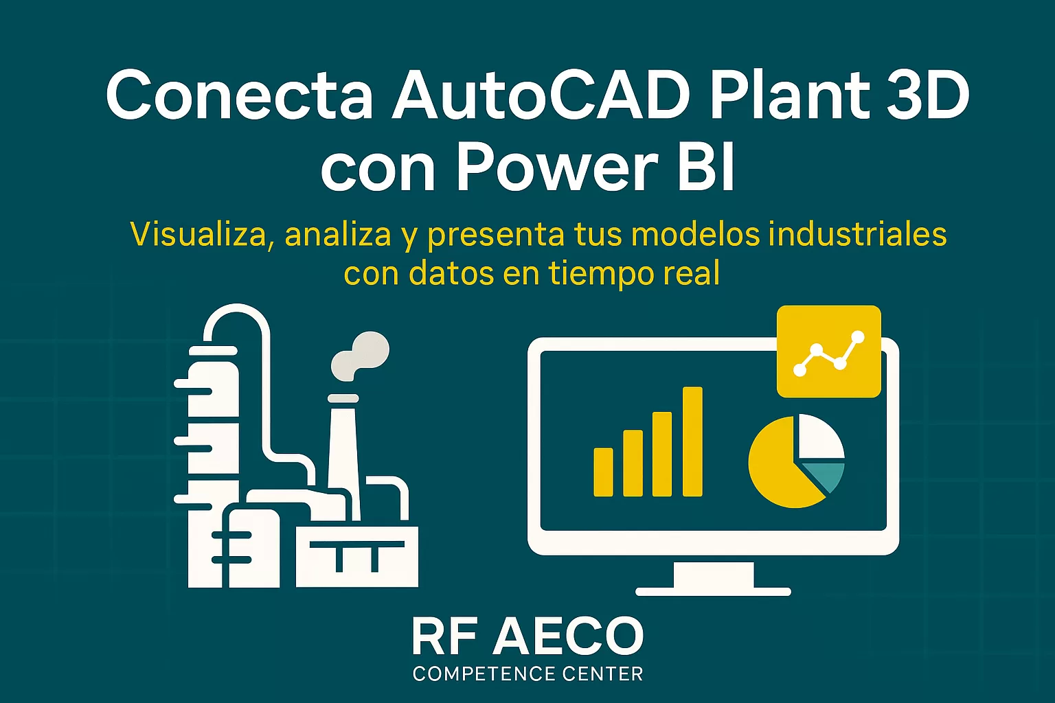 Gráfico que representa la integración entre AutoCAD Plant 3D y Power BI con una planta industrial y un panel de datos.