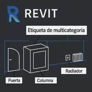 Plano técnico en Revit con puerta, columna y radiador etiquetados con multicategoría