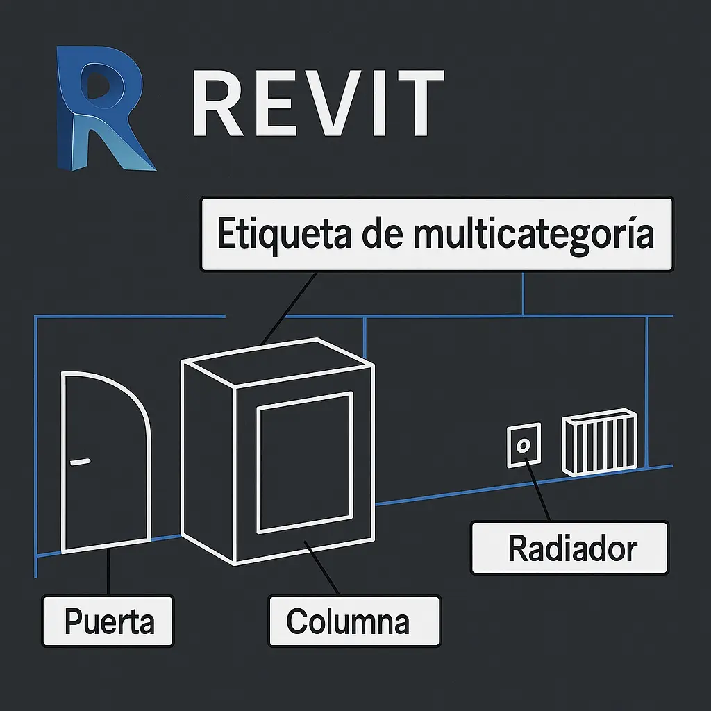 Plano técnico en Revit con puerta, columna y radiador etiquetados con multicategoría