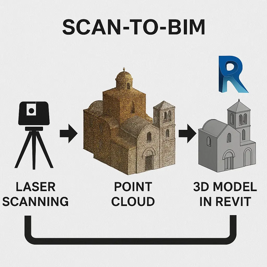 Diagrama del proceso Scan-to-BIM mostrando escaneo láser, generación de nube de puntos y modelado en Revit de una iglesia histórica.