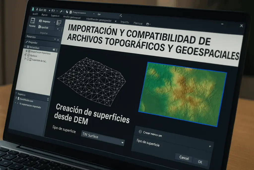 Importación y compatibilidad de archivos topográficos y geoespaciales en Civil 3D mostrando superficies LandXML y DEM