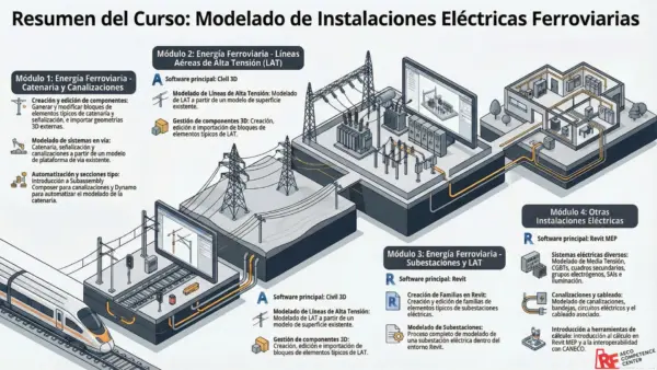Contenido curso BIM Specialist: Electrical – Instalaciones Ferroviarias, Energía y Sistemas (Civil 3D & Revit)