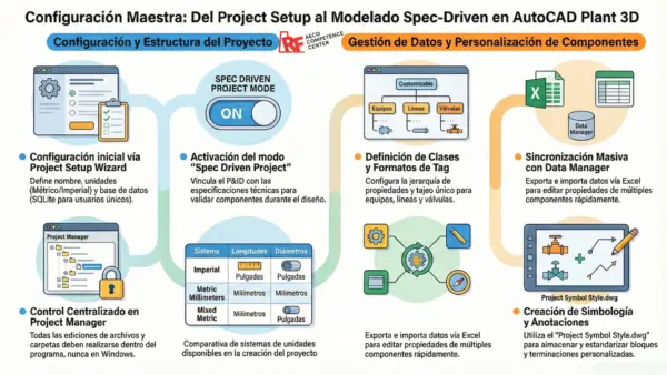 Infografía del flujo de trabajo Spec Driven en Plant 3D