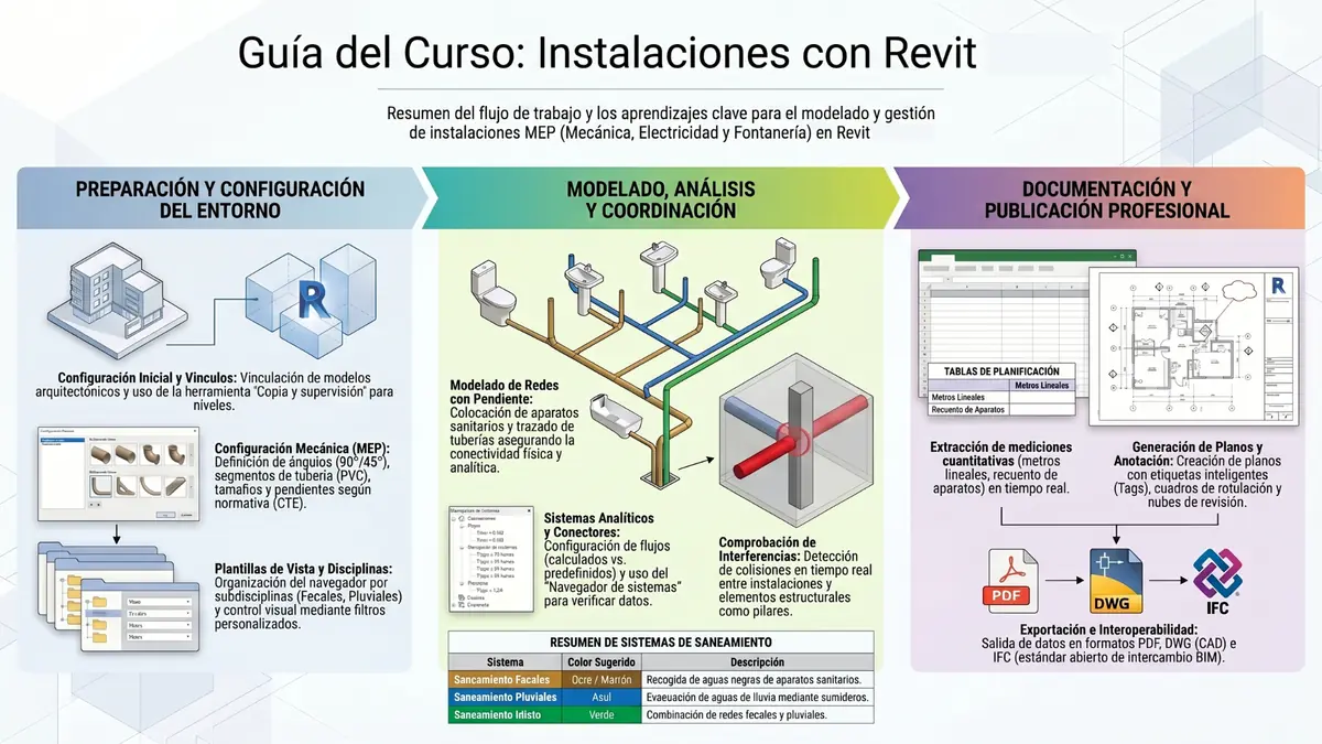 Beneficios y Temario Revit MEP Saneamientos Infografía sobre Instalaciones de Saneamientos BIM con Revit MEP - RF AECO