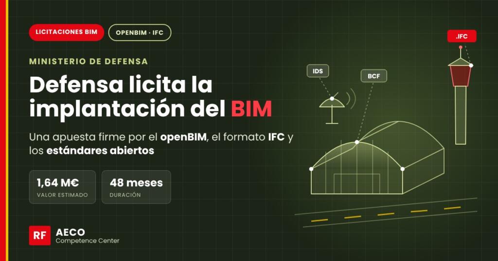 Infraestructura militar en modelo BIM: hangar, torre de control y radar con formatos IFC, BCF e IDS