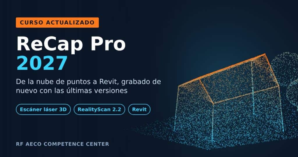 Nube de puntos de un edificio con el texto Curso actualizado ReCap Pro 2027, de la nube de puntos a Revit