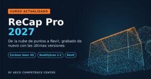 Nube de puntos de un edificio con el texto Curso actualizado ReCap Pro 2027, de la nube de puntos a Revit
